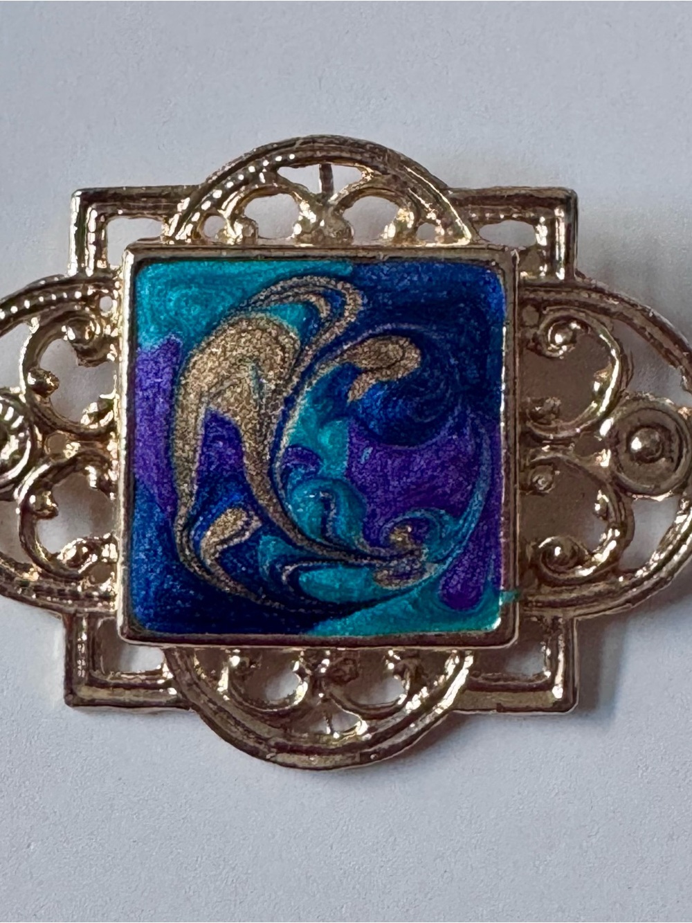 Gold Toned Filigree Brooch with Teal, Blue and Purple Enamel